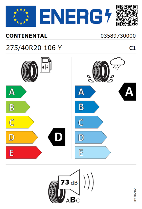 Tyre Label for Continental Conti4x4SportContact 275/40R20 106Y